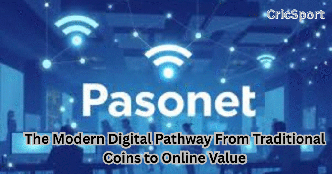 Illustration of Pasonet digital system transforming traditional coins into online value